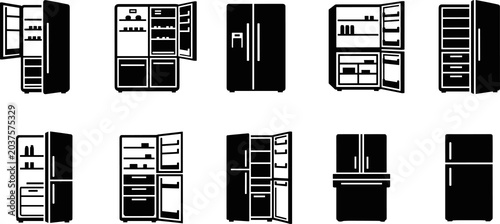 Refrigerator silhouette icons set, kitchen appliance design, home cooling concept, modern fridge illustration, black vector isolated household graphic style