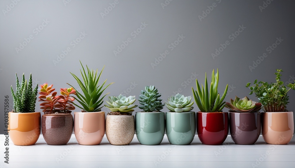 Fototapeta premium row of colorful potted plants and succulents in modern ceramic pots on white table