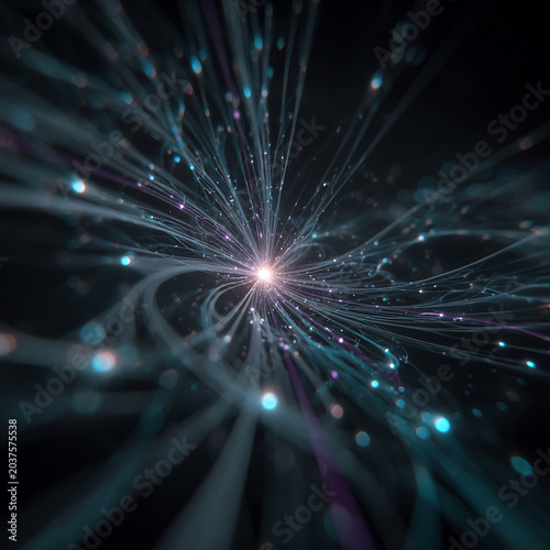 Abstract glowing energy lines with light particles in a dark nebula