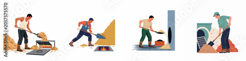Tableau sur toile Set of illustrations depicting male laborers or stokers shoveling various materials into furnaces and openings, highlighting hard physical work and industrial labor
