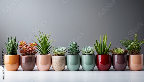 row of colorful potted plants and succulents in modern ceramic pots on white table