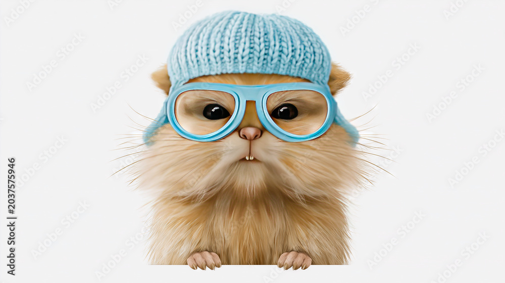 Fototapeta premium Cute Cat with Glasses and Knit Cap