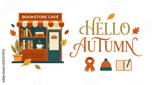 Foto Hello Autumn Bookstore Cafe: Cozy autumn scene featuring a charming bookstore cafe with fall decorations and the greeting Hello Autumn, evoking the warmth and comfort of the season