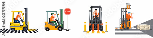 Photography Set of illustrations showing warehouse workers operating forklifts and using horns for safety signaling at crossings and near industrial signage