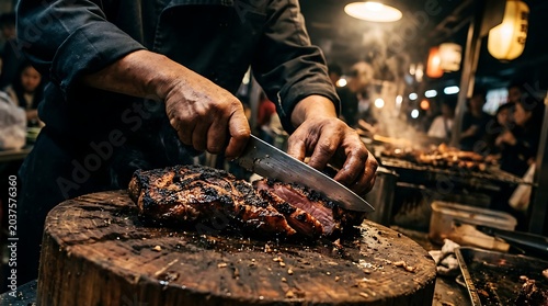 Chef slicing grilled meat on rustic wooden block at night market.