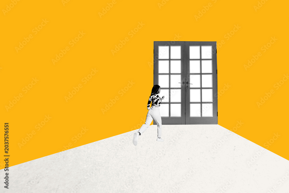 Naklejka premium Full image pop contemporary photo collage of happy businesswoman run door entrance aim achievement progress statistics startup