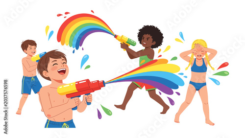 Tableau sur toile Summer Splash Frenzy: Children joyfully engage in a vibrant water gun fight, spraying colorful streams of rainbow-colored water, creating a playful and energetic scene of summer fun