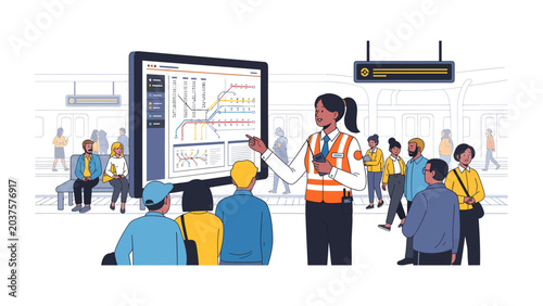 Tableau sur toile Transportation Hub Presentation: A transportation professional gives a presentation on a large screen in a busy transit station, surrounded by commuters