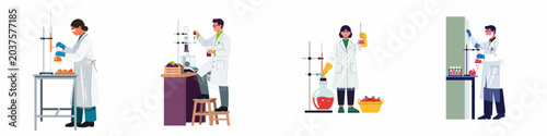 Cuadro en lienzo Set of male and female scientists in lab coats conducting chemical experiments and research on various fruits in a laboratory setting