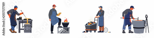 Foto Collection of flat vector illustrations depicting various stages of industrial steel production and foundry work performed by specialized metalworkers on a white background