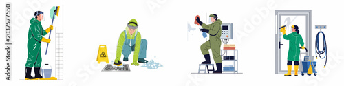 Valokuva Set of professional industrial cleaning staff in protective gear performing deep cleaning and sanitation tasks in various commercial or industrial environments