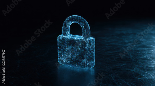Large Abstract Glowing Blue Padlock in Conceptual Digital Space