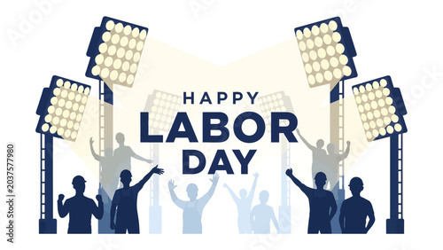 Foto Labor Day Celebration: A jubilant crowd silhouetted against spotlights and stadium lights celebrates Labor Day, a vibrant illustration of national pride and collective appreciation for workers