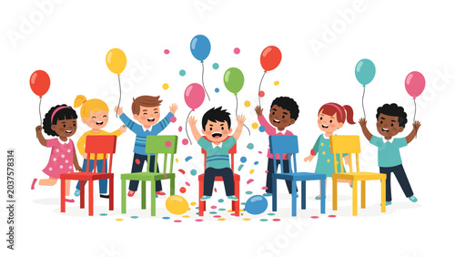 Fotografía Children's Birthday Celebration: A vibrant illustration of diverse children joyfully celebrating a birthday party, surrounded by colorful balloons and confetti