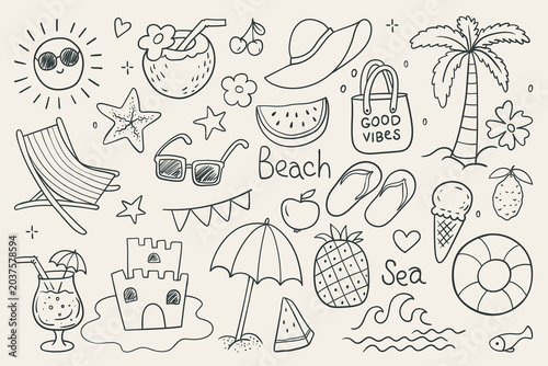 Summer beach doodle set. Hand drawn vacation icons collection with sun, palm tree, cocktail, watermelon, sunglasses and sea elements