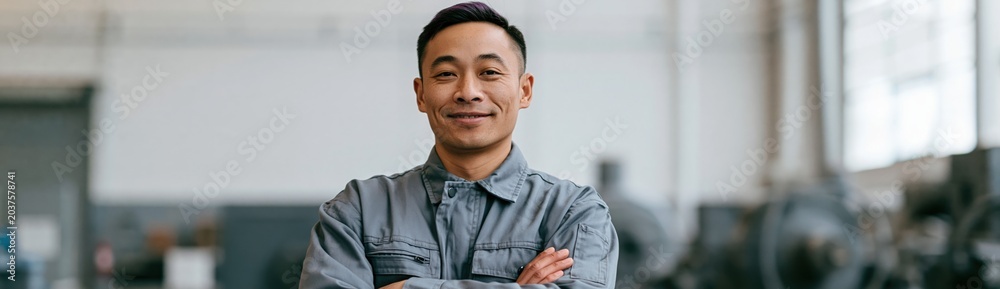 Obraz premium Confident male factory technician in gray coveralls smiling with arms crossed for industrial website banner and corporate profile