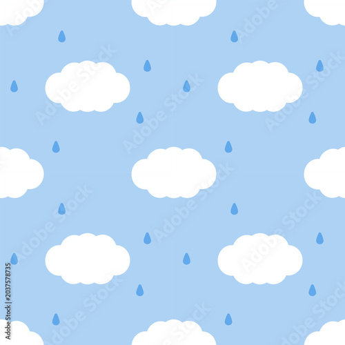 Cute Cloud and Raindrop Seamless Pattern on Blue Background