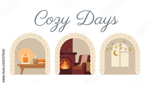 Schilderij op canvas Cozy Days Illustration: A charming illustration depicting three vignettes representing cozy indoor scenes: a candlelit table with books, a fireplace with an armchair