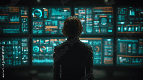 Person in silhouette facing a wall of glowing futuristic digital data displays