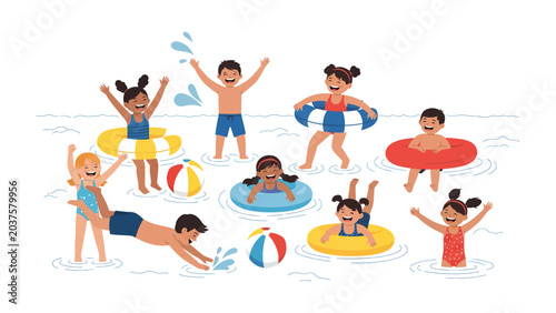 Cuadro en lienzo Summer Splash Bash: A vibrant illustration depicts a group of happy children enjoying a sunny day at the pool, splashing and playing with colorful inflatable rings and beach balls