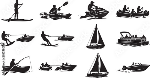 Foto Collection of water sport silhouettes: paddleboarding, kayaking, jet skiing, boa