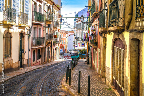 Photography Lisbon, Portugal. Historic cobbled street of old Lisbon town
