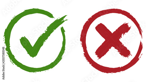 Bilde på lerret Green checkmark and red x symbols, brush stroke correct and incorrect signs