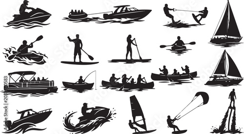 Konstfotografi Collection of black silhouettes of water sports and boats on water isolated on w