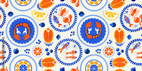 Foto Citrus and seafood themed floral ornament vibrant vector pattern on white backgr
