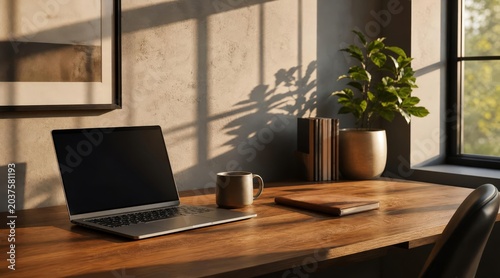Modern home office desk with window shadows