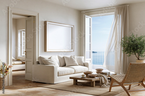 Elegantes Interior Mockup mit leerem Bilderrahmen in hellem Wohnzimmer. Moderne Wohnästhetik mit natürlichem Licht, stilvollen Möbeln und realistischer Raumwirkung.