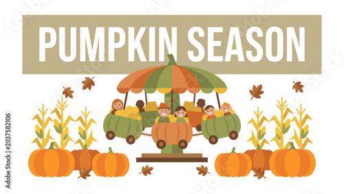 Foto Pumpkin Season Carousel: A whimsical carousel ride shaped like pumpkins, carrying smiling children through a festive autumn scene adorned with pumpkins and falling leaves