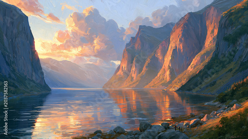 油絵風のフィヨルドと夕日の絶景