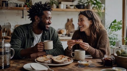 Diverse couple having breakfast at home