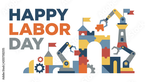 Photos Labor Day Celebration with Robots: Festive Happy Labor Day text paired with whimsical robotic arms assembling colorful building blocks, creating a symbolic representation of industry and progress