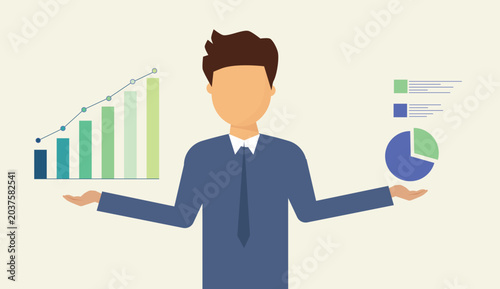 Businessman balancing pie chart and rising bar graph, data analysis business performance financial growth and strategy