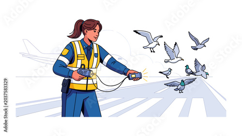 Tablou pe pânză Airport Wildlife Control Officer: An airport employee in a high-visibility vest uses a deterrent device to manage a flock of birds on an airstrip, ensuring flight safety