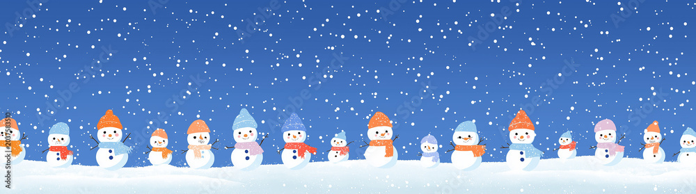 Fototapeta premium a group of snowmen with different hats and scarves, standing in the falling snow on a snowy background. the sky is blue with soft light, creating an atmosphere full of joy for christmas and new year's