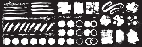 Schilderij op canvas Black ink brush strokes set with various grunge shapes and lines isolated on white for artistic design elements
