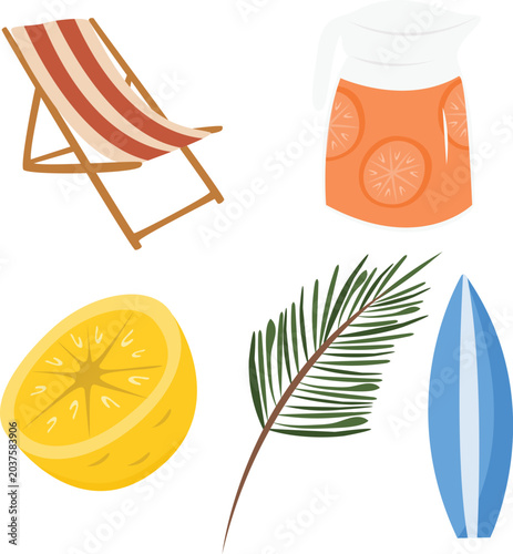 Summer in Spain vector illustration with sangria, surfboard, beach chair, lemon and tropical palm leaves