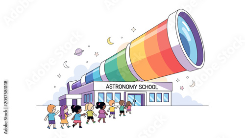 Bilde på lerret Future Astronomers: Children line up to enter an astronomy school, symbolized by a giant, colorful telescope