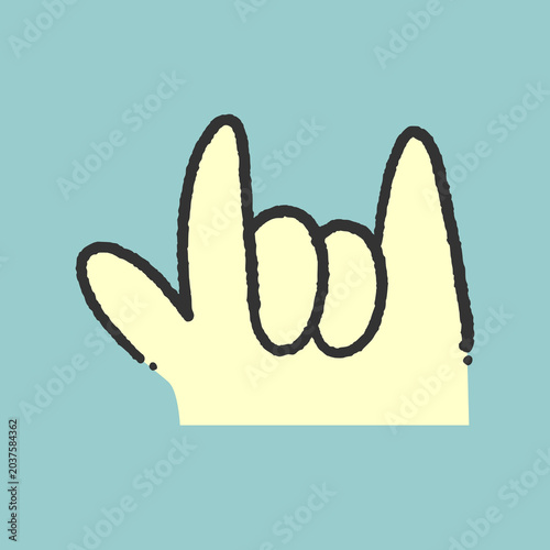Metal hand gesture doodle graphic displaying heavy rock horn fingers sign for positive vibe sticker overlay cartoon mascot streetwear graphic clothing brand apparel merchandise clip art.