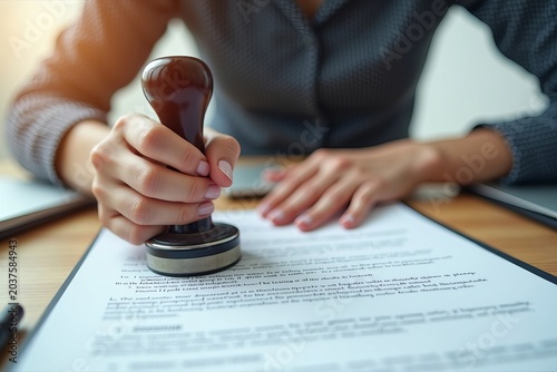 Close-up Image of a Woman Stamping a Document in an Office Setting: Illustrating the Legalization and Approval of Important Paperwork.