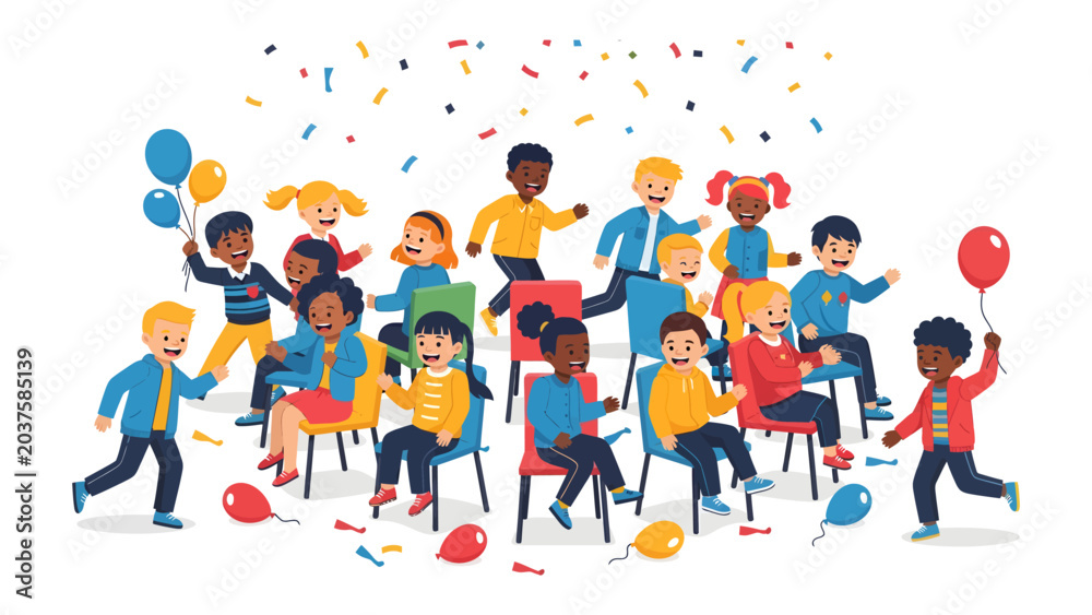 Fototapeta premium Children's Celebration with Confetti and Balloons: A vibrant illustration depicts a diverse group of happy children, some seated and some standing.