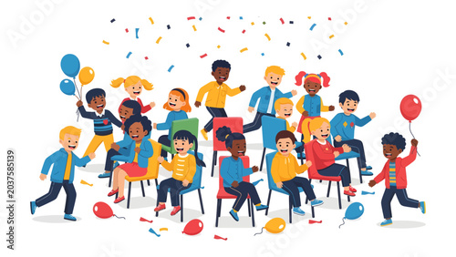 Canvastavla Children's Celebration with Confetti and Balloons: A vibrant illustration depicts a diverse group of happy children, some seated and some standing
