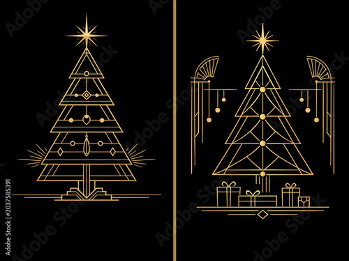 Art Deco style Christmas tree set, golden lines on a black background.