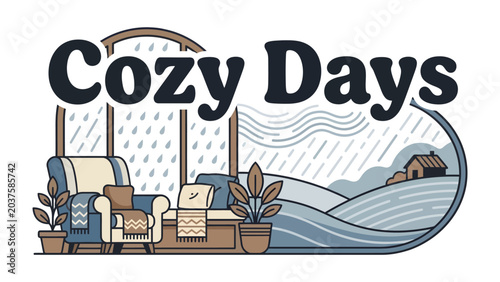 Foto Cozy Days Illustration: An inviting scene depicting a comfortable armchair by a window with rain outside, representing a perfect day for relaxation and warmth indoors