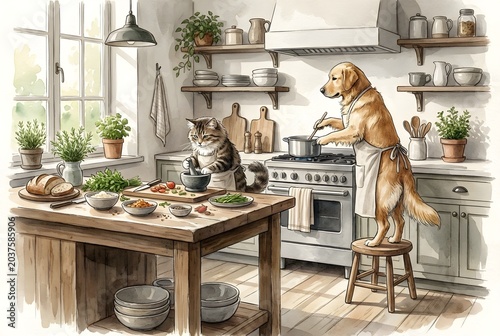 Cute Dog and Cat Cooking Together in Cozy Rustic Kitchen