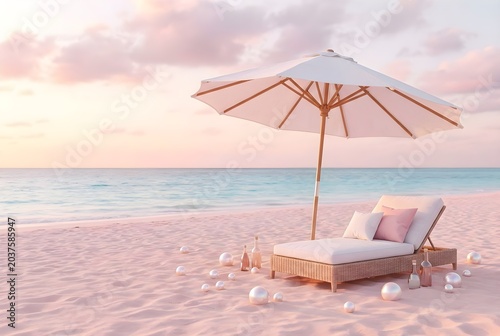 Dreamy Pink Beach Lounge Scene with Pastel Sunset and Turquoise Ocean