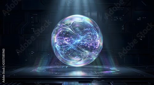 Futuristic Glowing Energy Sphere in High Tech Sci Fi Laboratory